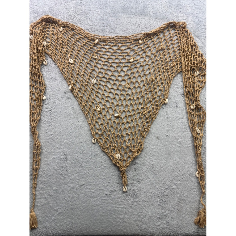 Tan Crochet Fishnet Triangle Hip Scarf with Cowrie Shells and Tassels Boho
